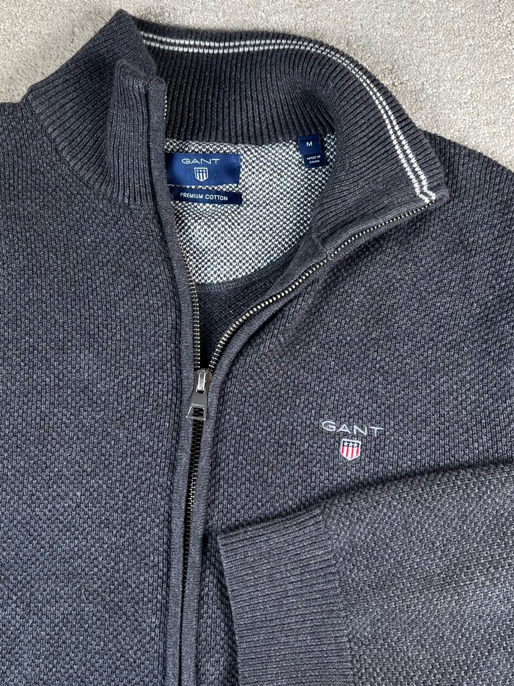 Gant Sweater Cardigan Gray Full Zip Textured 100% Cotton Men's Medium